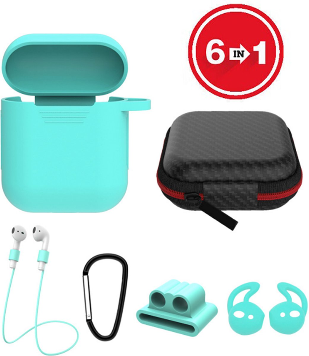 6 in 1 siliconen case met accessoires geschikt voor AirPods - mint groen