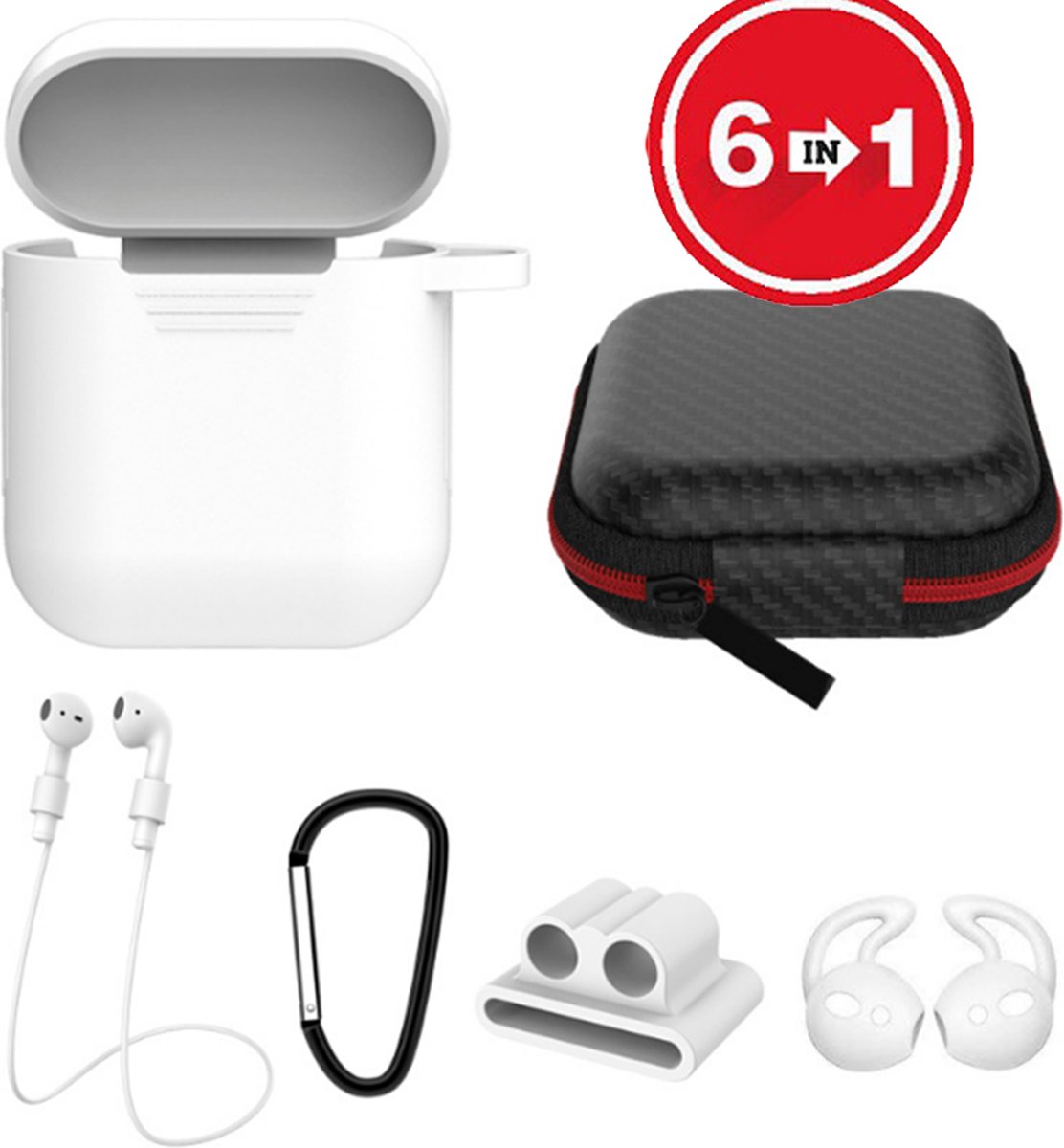 6 in 1 siliconen case met accessoires geschikt voor AirPods - wit